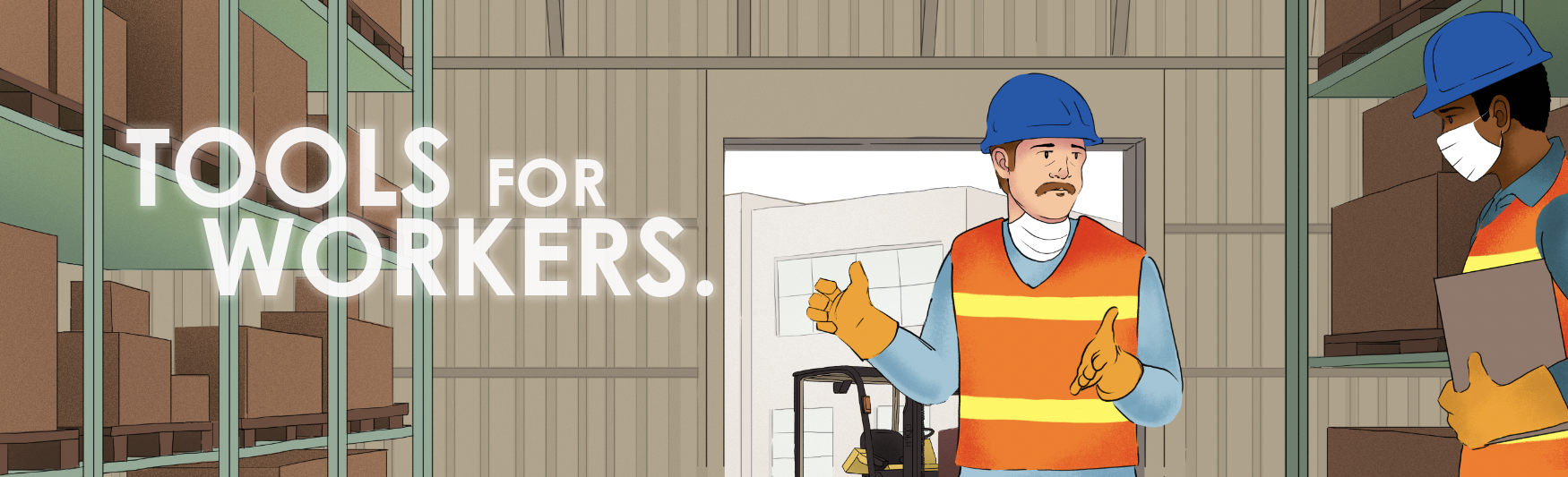 woman and man wearing hard hats, face masks, and safety vests standing 6 feet apart  in warehouse 
